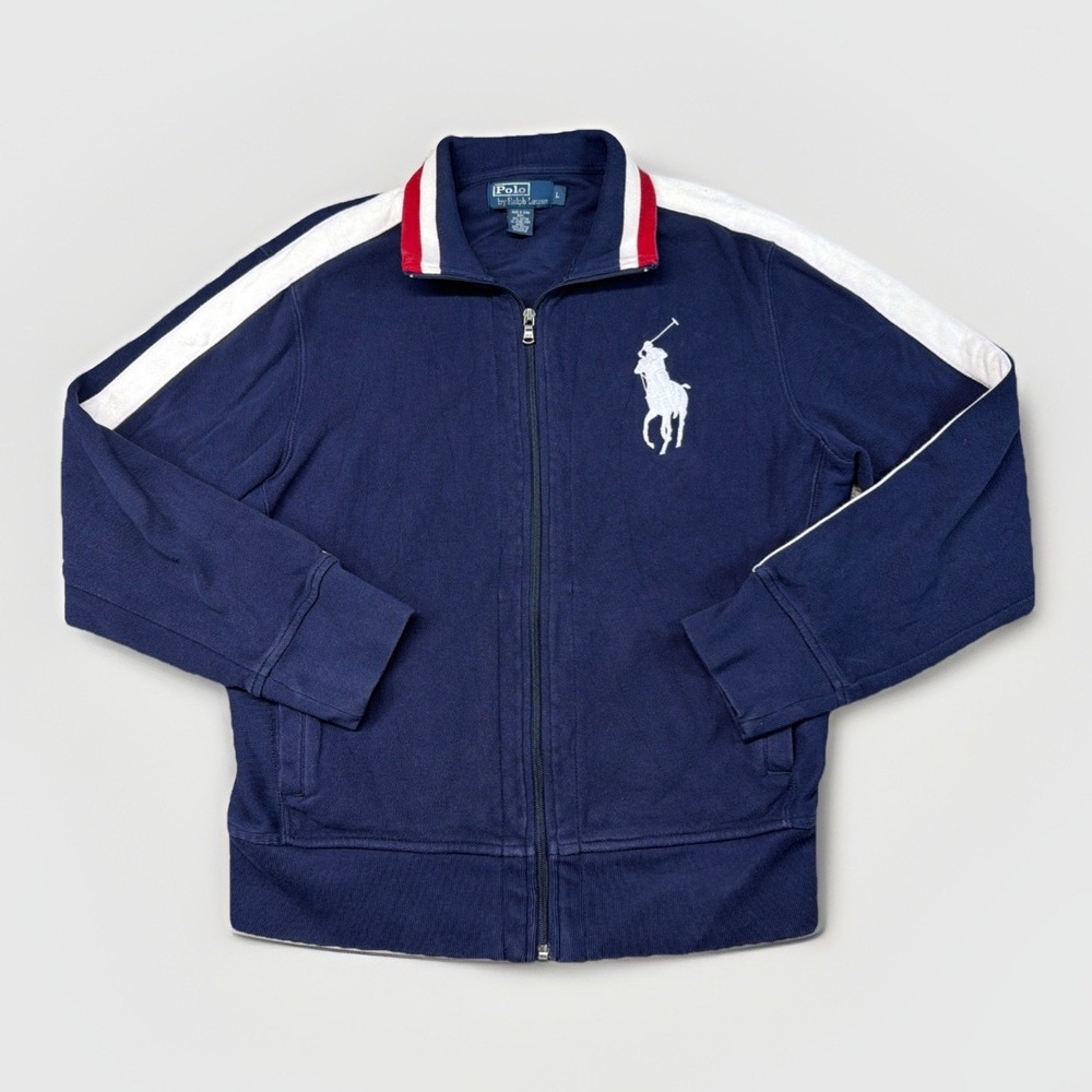 Polo Ralph Lauren Jacket Mens Large Blue White Full Zip Big Pony‎ VTG Y2K